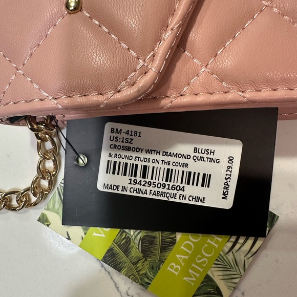 Badgley Mischka Quilted Crossbody Bag Designer Purse with Studs; Color - Blush - Picture 6 of 6